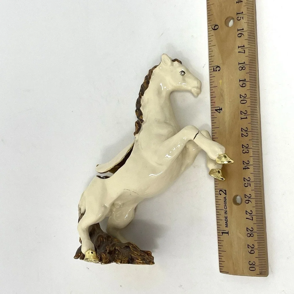 Vintage Enamel Rearing Horse Trinket Box White Stallion Jeweled Eye - AS IS